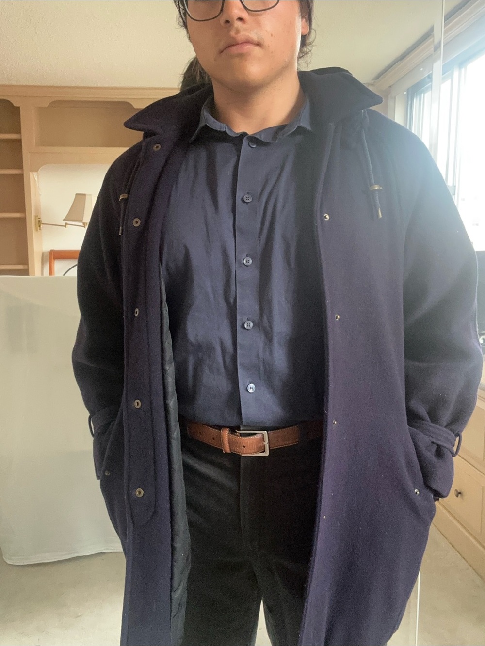 Men's Dark Navy Wool Hooded Pea Coat